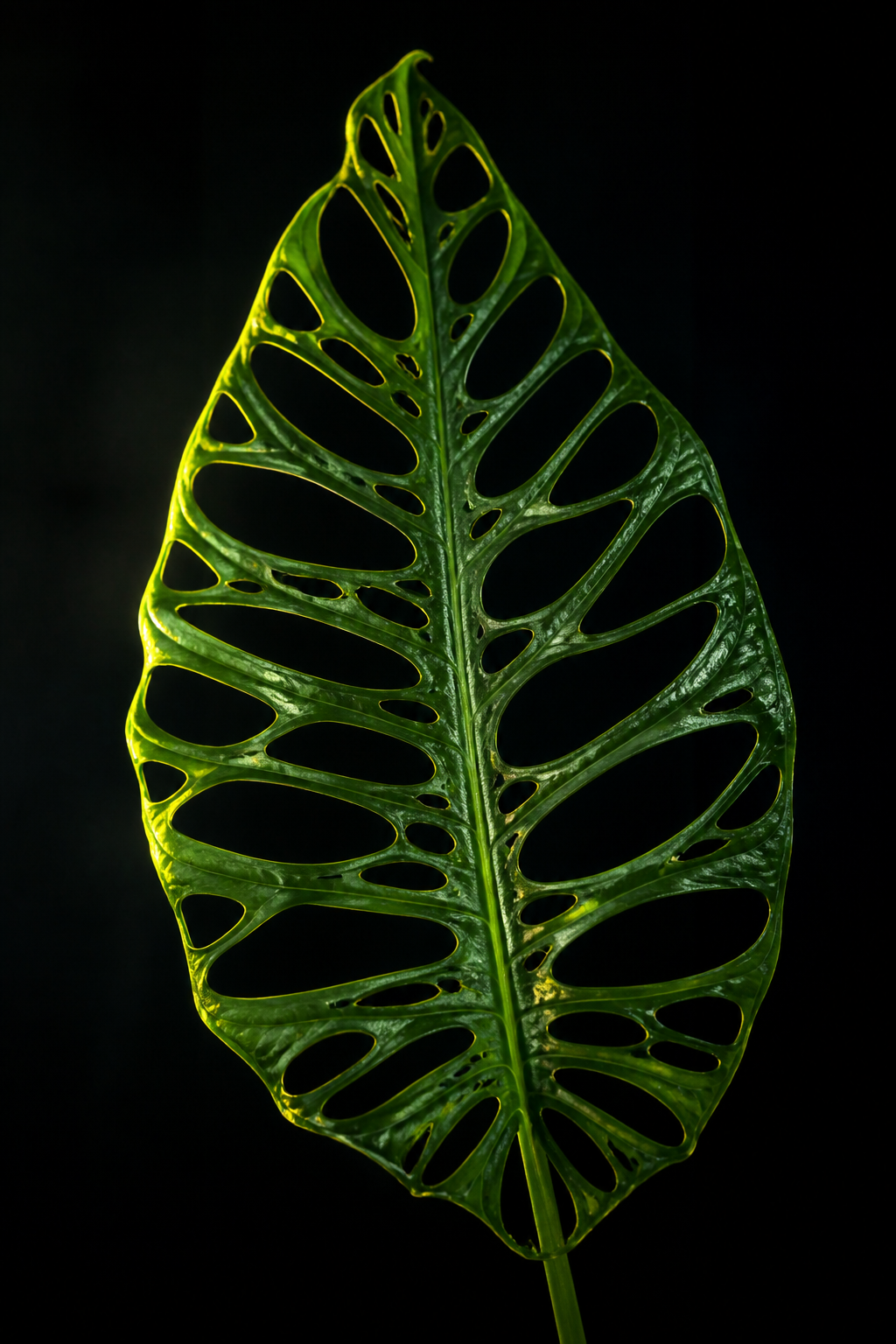 A dramatically lit Monstera Esqueleto leaf with open skeletal fenestrations